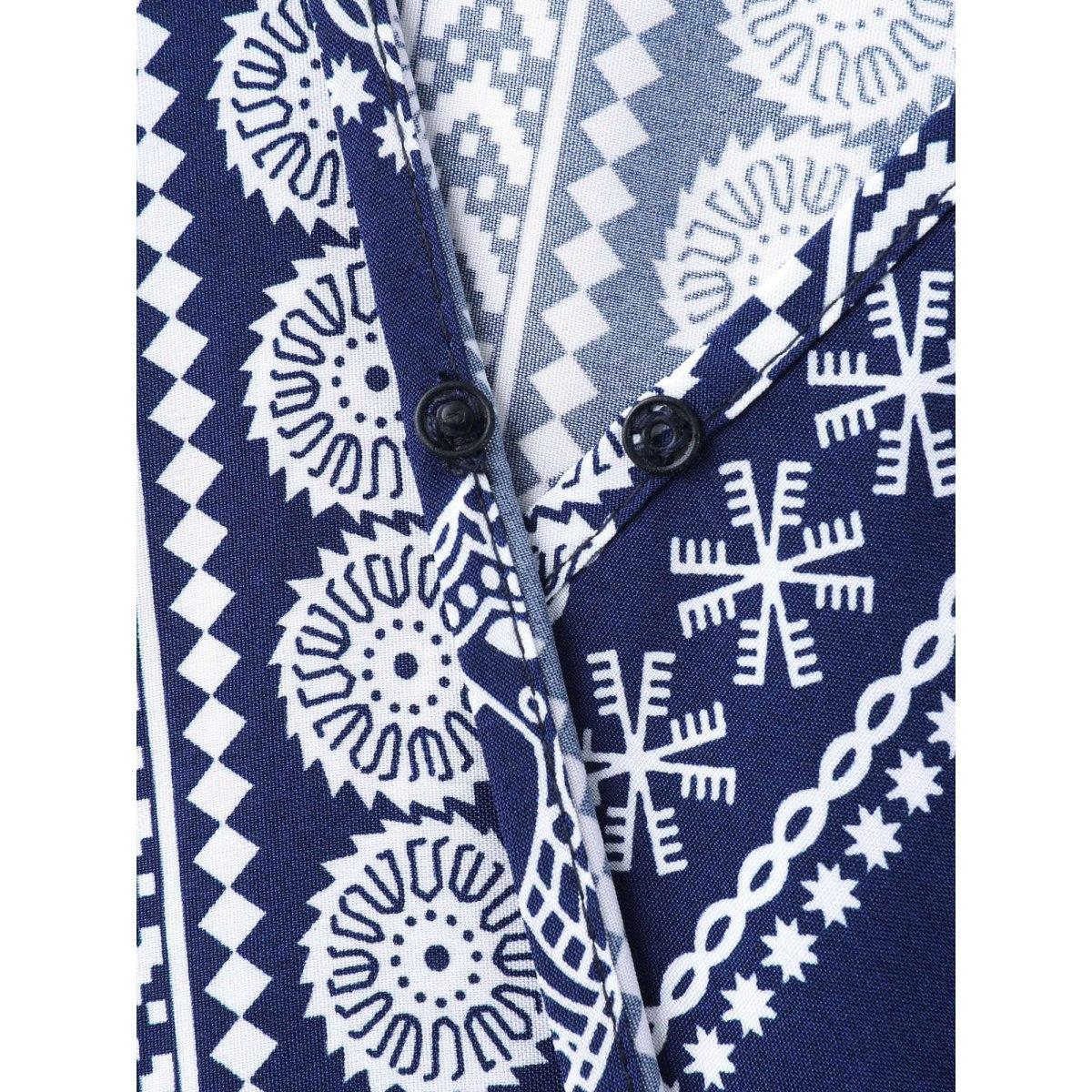 Plus Size Resort Ready Print Shirred Waist Maxi Dress DarkBlue Women Overlap Collar Half Sleeve Curvy BloomChic 12/L Product Image