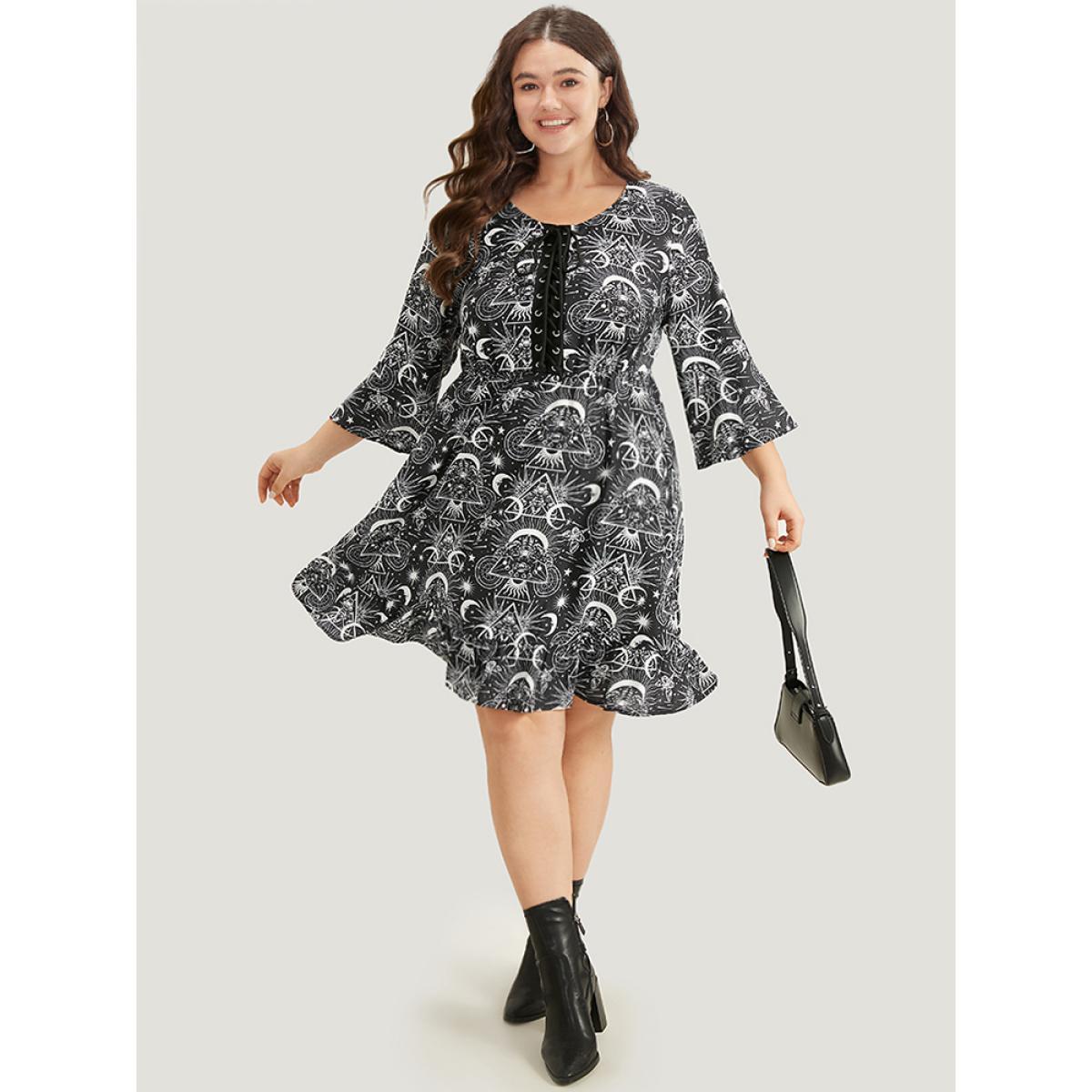 Plus Size Halloween Moon & Star Lace Up Pocket Bell Sleeve Dress Black Women Office Cross straps Round Neck Elbow-length sleeve Curvy Knee Dress BloomChic 22-24/3X Product Image