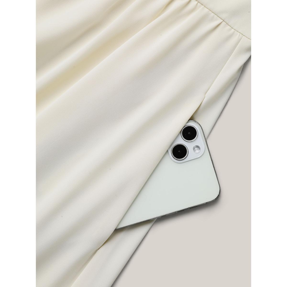 Plus Size Stretchy-Waist Pockets Plain Textured Midi Dress Beige Women Elegant Texture Round Neck Long Sleeve Curvy BloomChic 14-16/1X Product Image
