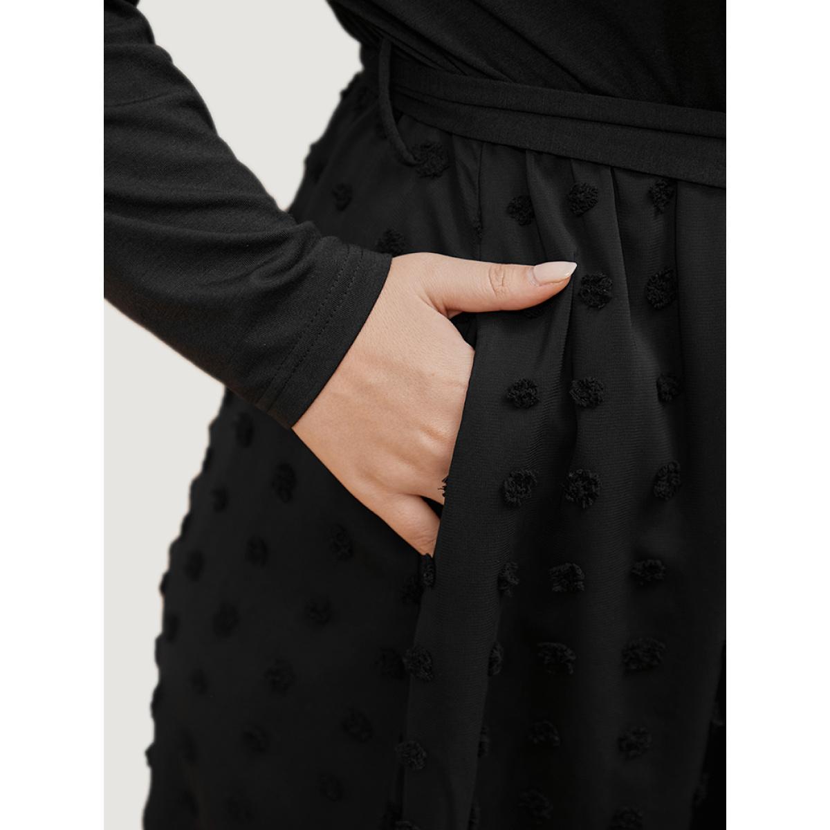 Plus Size Solid Surplice Neck Pocket Mesh Patchwork Belted Dress Black Women Casual Elastic Waist V-neck Long Sleeve Curvy Midi Dress BloomChic 30/6X Product Image
