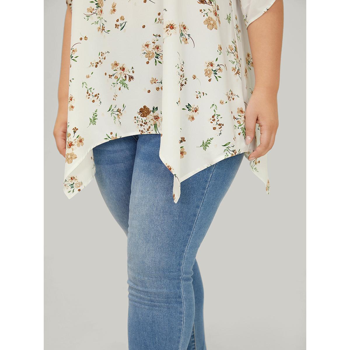 Plus Size White Floral Cuffed Sleeve Hanky Hem Keyhole Neck Blouse Women Elegant Half Sleeve V-neck Dailywear Blouses BloomChic 14-16/1X Product Image