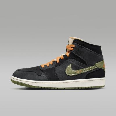 Jordan Mens AJ 1 Mid SE - Basketball Shoes Grey/Black/Green Product Image