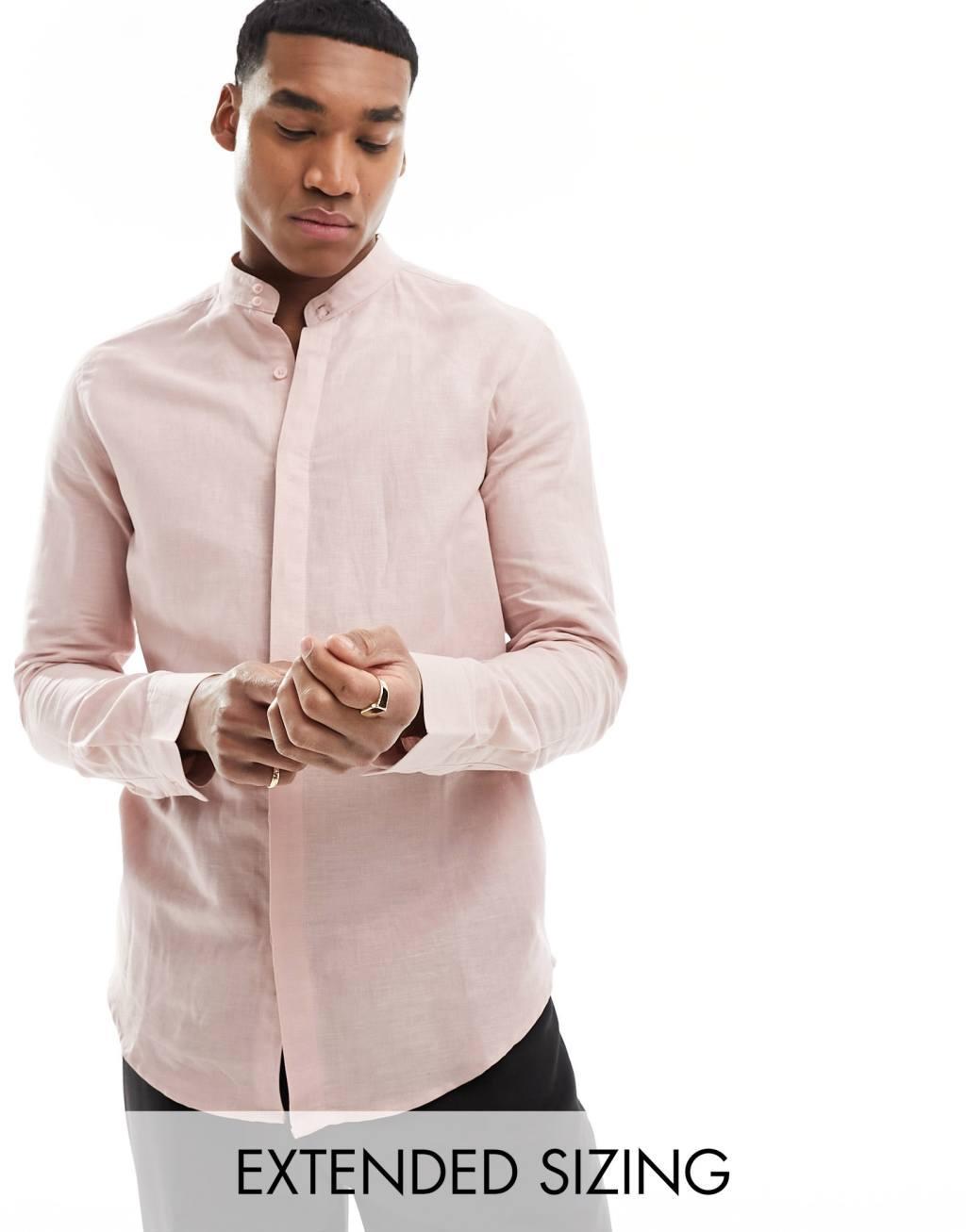 ASOS DESIGN smart linen regular shirt with deep grandad collar in black Product Image
