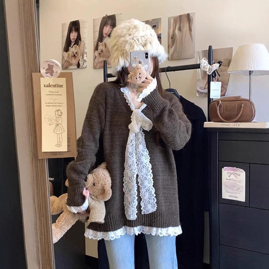 V-Neck Mock Two-Piece Lace Panel Tie Front Oversized Sweater Product Image