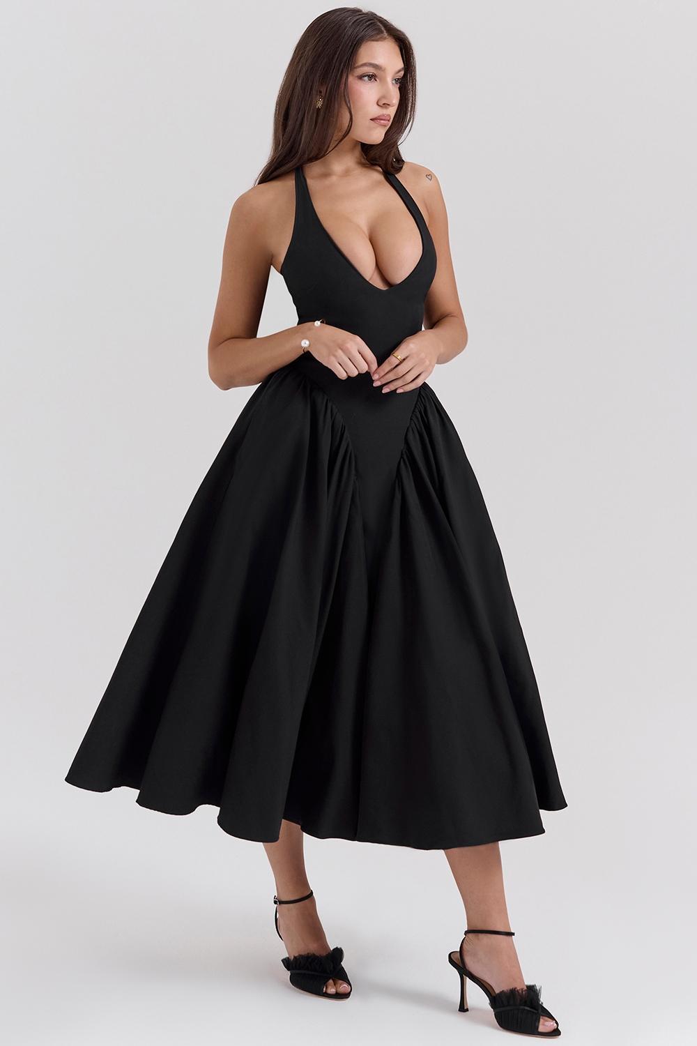 Marilyn Black Twill Halter Midi Dress Product Image