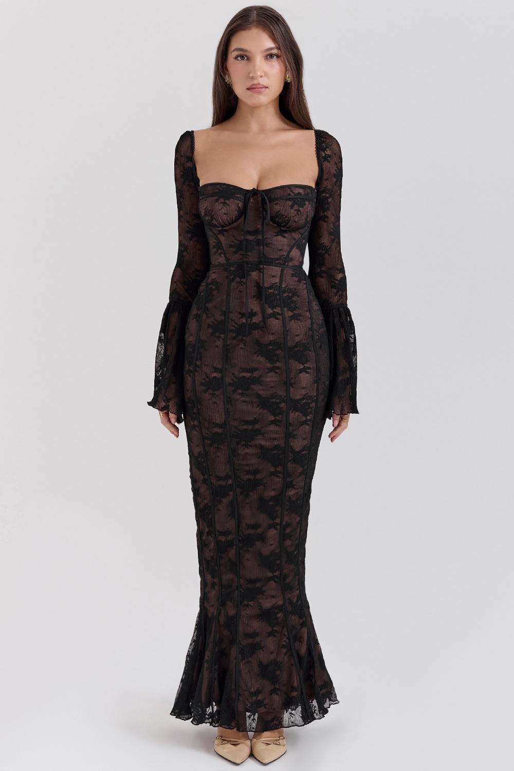 Delilah Black Long Sleeve Lace Maxi Dress Product Image