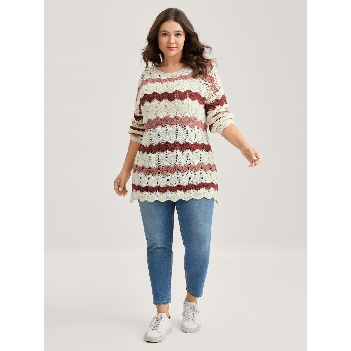 Plus Size Wavy Textured Stripes Cut-Out Lightweight Pullover Apricot Women Loose Long Sleeve Round Neck Everyday-Casual Pullovers BloomChic 30/6X Product Image