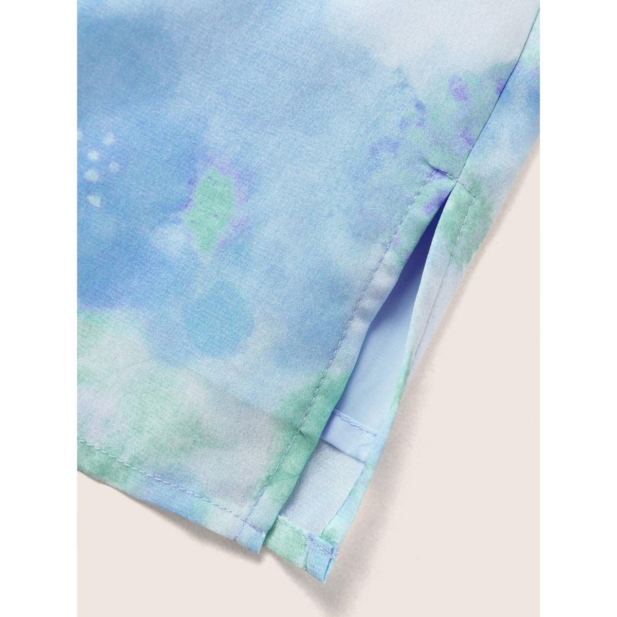 Plus Size LightBlue Watercolor Floral Frill Trim Shirred Blouse Women Elegant Half Sleeve Flat collar with V-notch Everyday Blouses BloomChic 14-16/1X Product Image