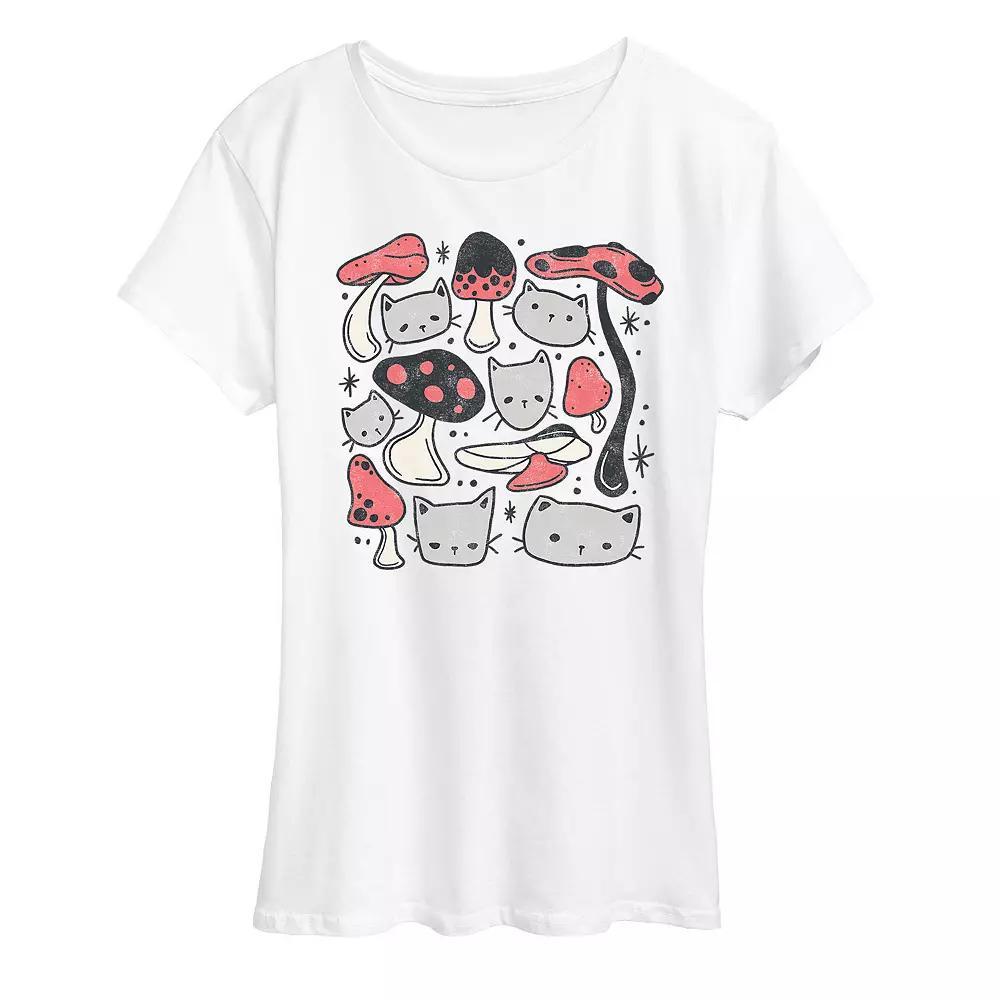 Womens Cat Mushroom Grid Graphic Tee, Girls Product Image