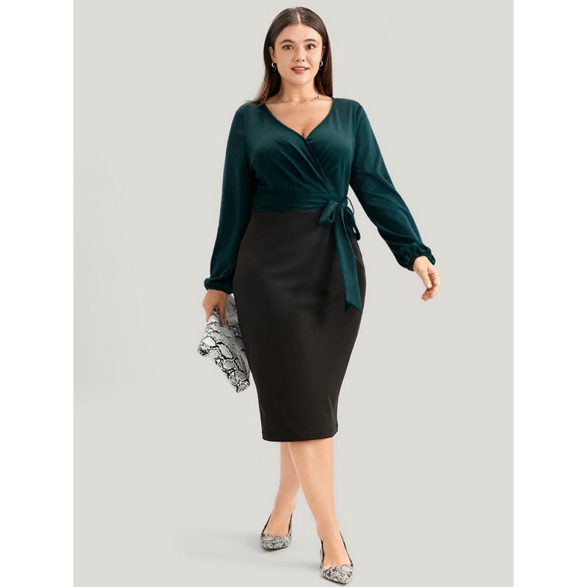 Plus Size Colorblock Contrast Wrap Lantern Sleeve Belted Bodycon Dress DarkGreen Women Glamour Contrast V-neck Long Sleeve Curvy Midi Dress BloomChic 12/L Product Image