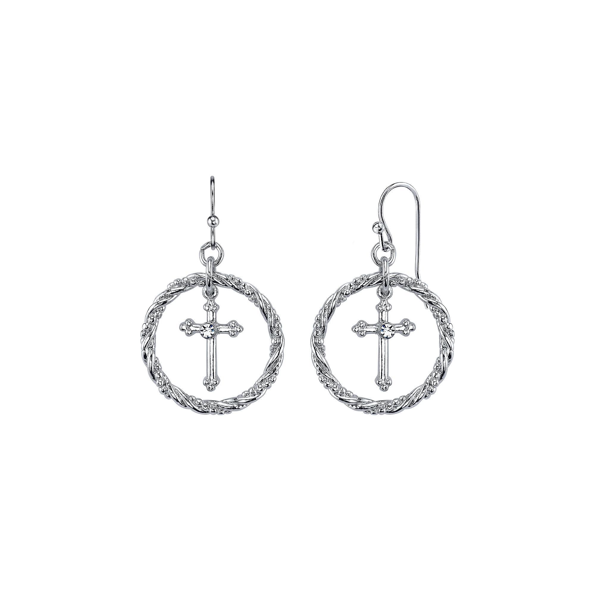 1928 Crystal Cross Hoop Drop Earrings, Womens, Silver Tone Product Image