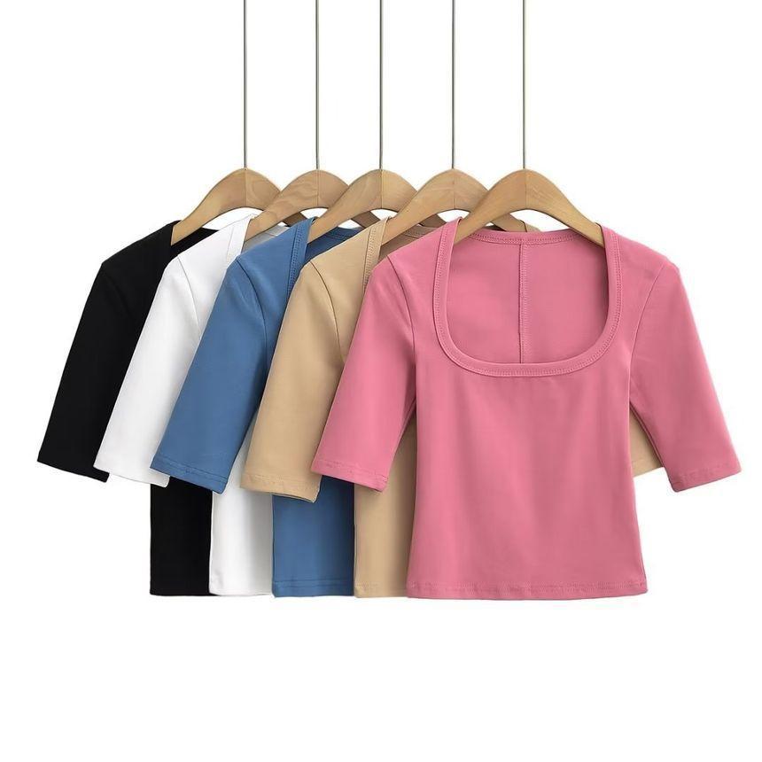 Elbow-Sleeve Square Neck Plain Crop Slim Fit Tee Product Image