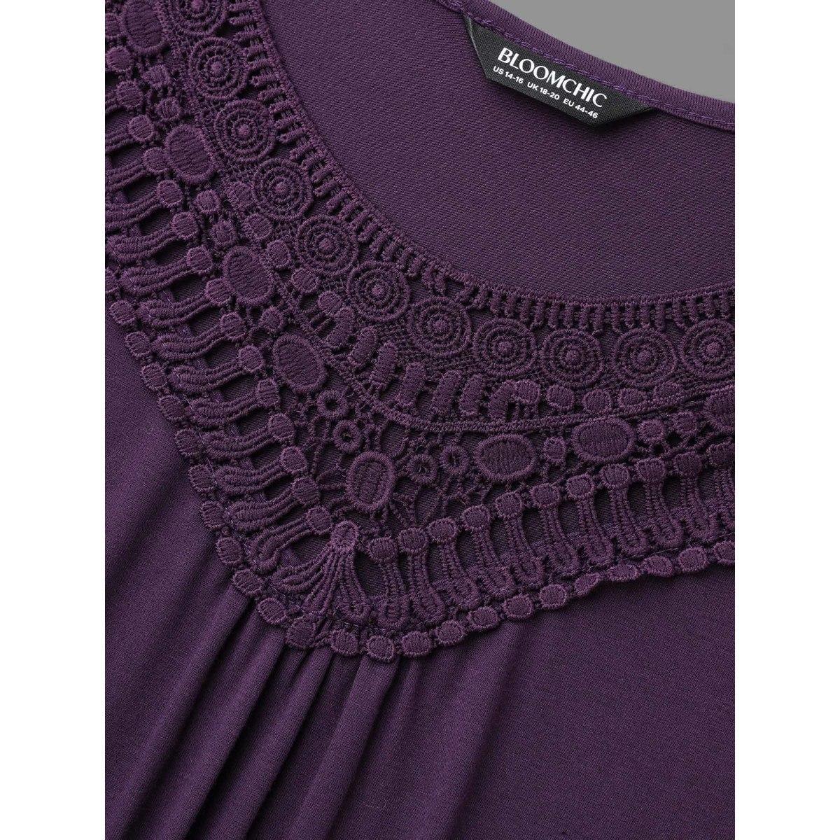 Plus Size Lace Neckline Trim Ruffle Sleeve T-shirt Eggplant Women Elegant Gathered Round Neck Loose Everyday T-shirts BloomChic 22-24/3X Product Image