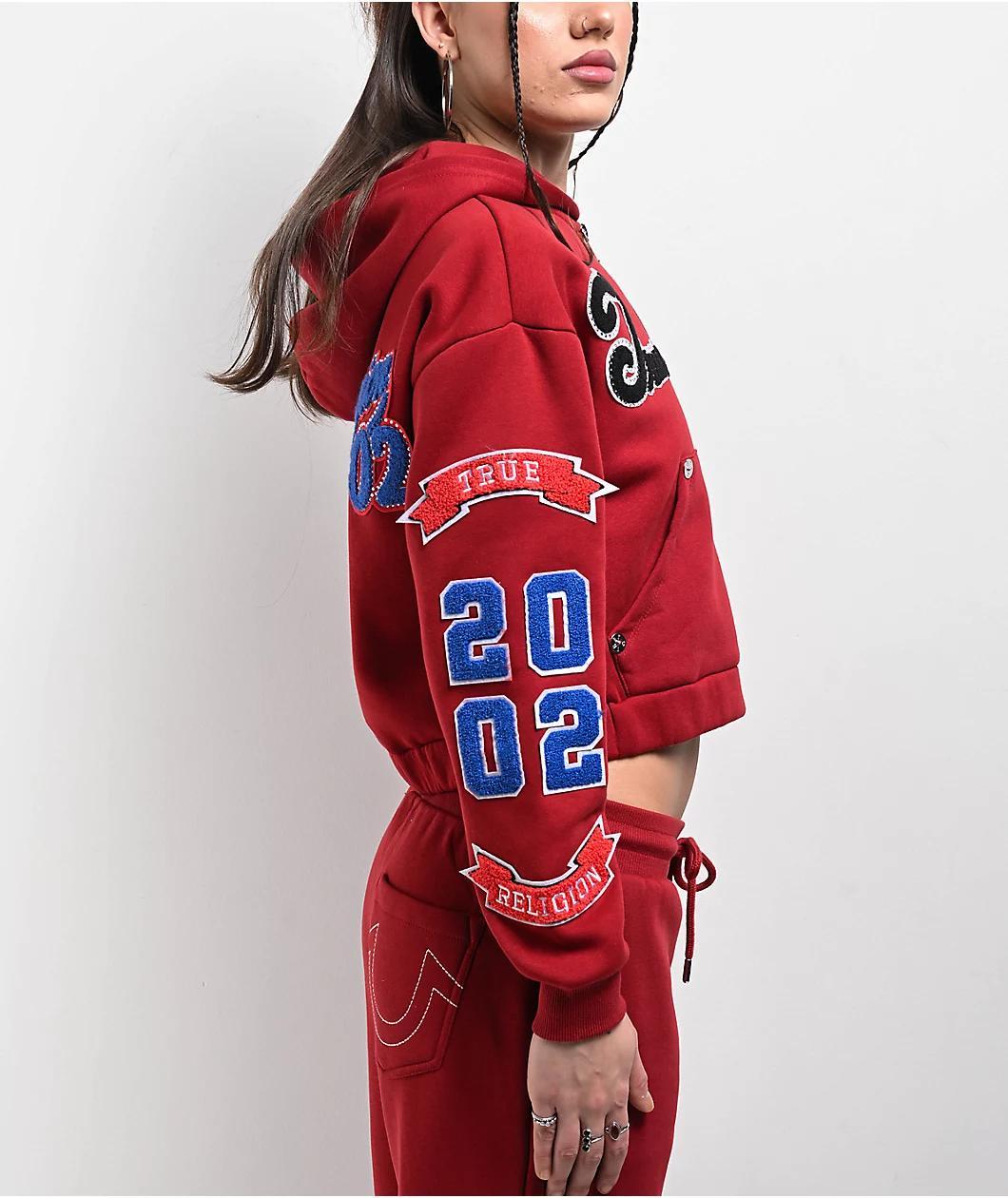 True Religion Crystal Patch Varsity Red Dahlia Crop Zip Hoodie Product Image