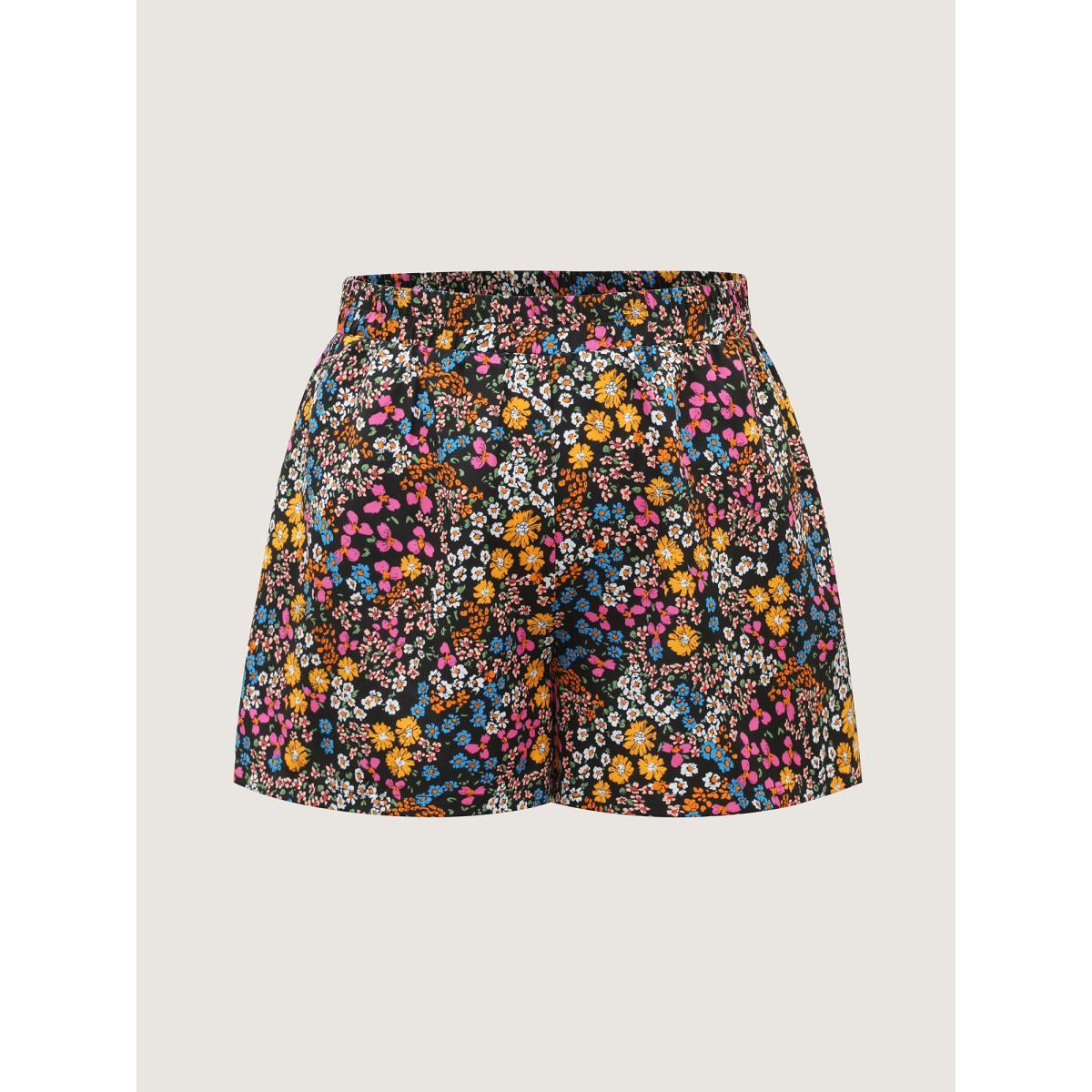 Plus Size Ditsy Floral Print Stretchy Waist Shorts Women BlackFlower Elegant Wide Leg Everyday-Elegant Shorts BloomChic 12/L Product Image