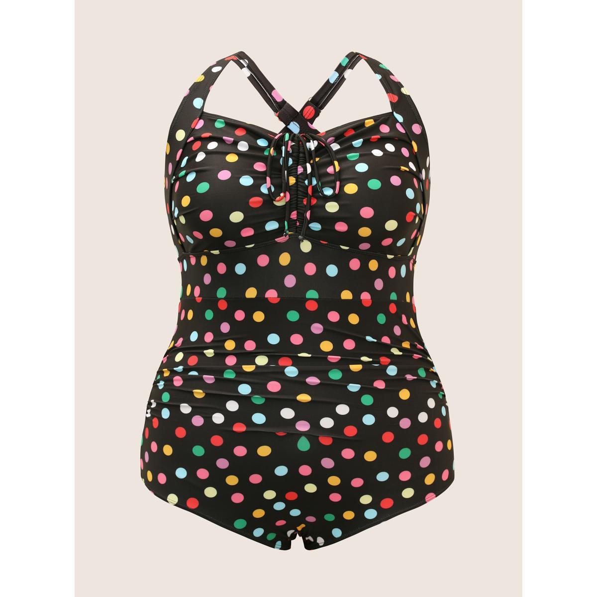 Plus Size Colored Polka Dot Ties Ruched One Piece Swimsuit Women's Swimwear Black Beach Tie knot Curve Bathing Suits High stretch One Pieces BloomChic 12/L Product Image