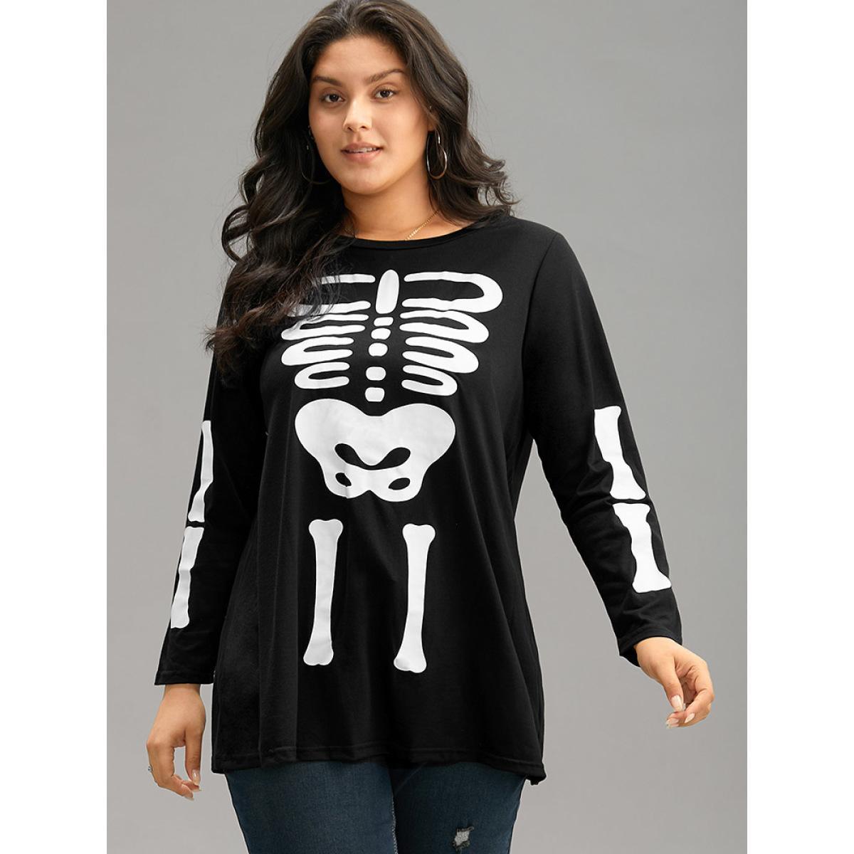 Plus Size Halloween Skull Print Crew Neck T-shirt Black Women Casual Printed Halloween Round Neck Festival-Halloween T-shirts BloomChic 14-16/1X Product Image