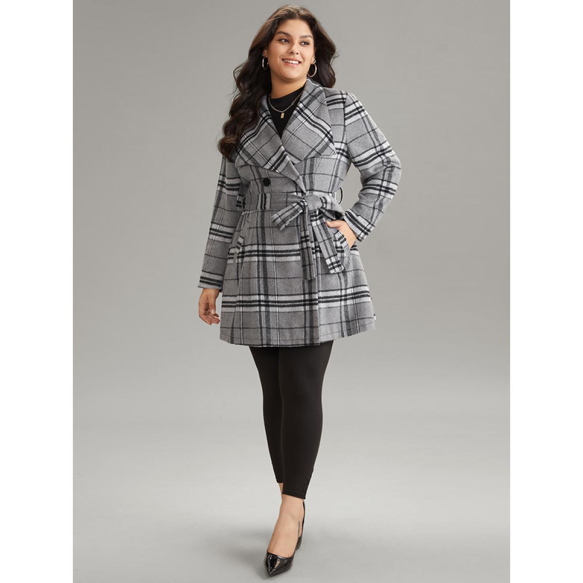 Plus Size Plaid Button Up Pocket Belted Lapel Collar Coat Women Black Casual Lined Ladies Dailywear Winter Coats BloomChic 30/6X Product Image
