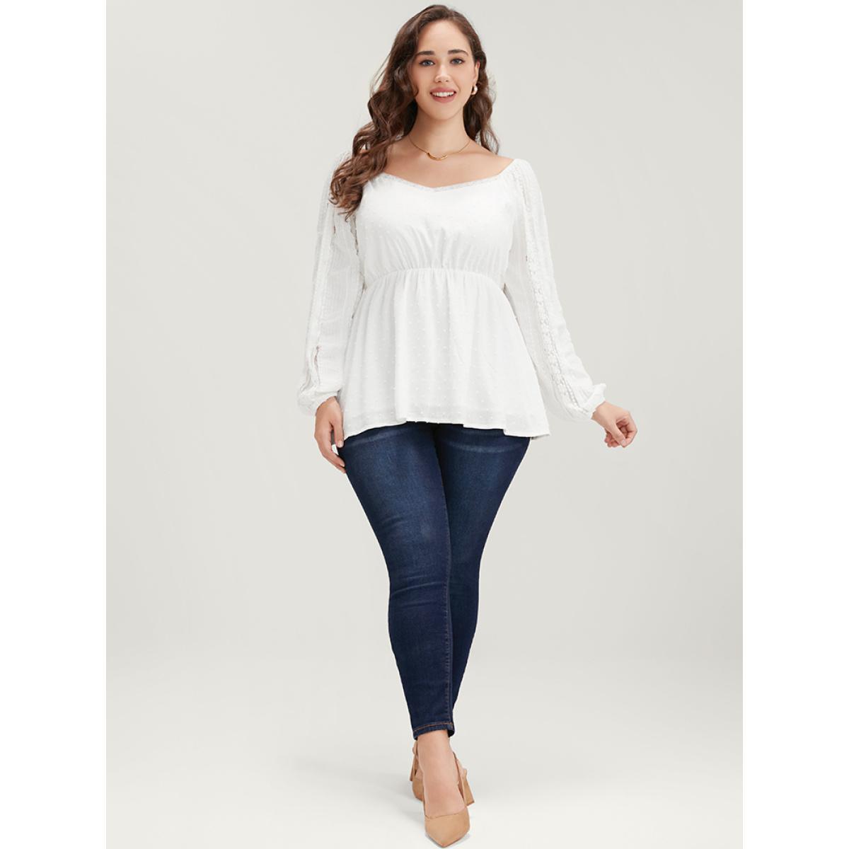 Plus Size WhiteSmoke Solid Lace Patchwork Lantern Sleeve Blouse Women Elegant Long Sleeve V-neck Dailywear Blouses BloomChic 30/6X Product Image