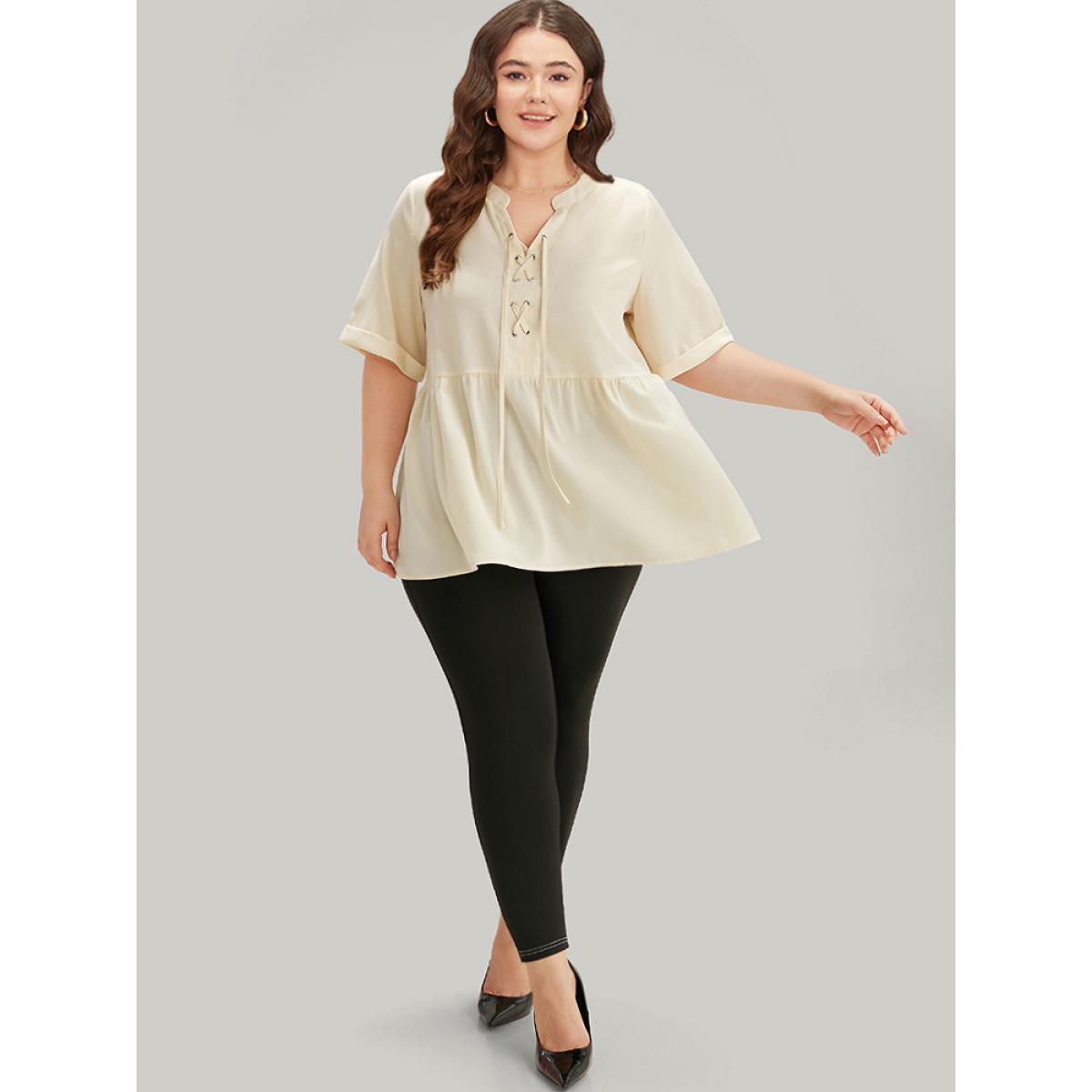 Plus Size Ivory Anti-Wrinkle Lace Up Notched Gathered Blouse Women Office Half Sleeve Tie Neck Work Blouses BloomChic 28/5X Product Image