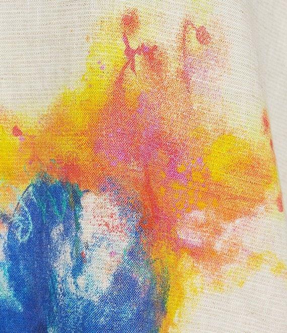 Ali Miles Petite Size Linen Blend Multi Floral Round Neck 3/4 Dolman Roll-Tab Sleeve Tunic Product Image