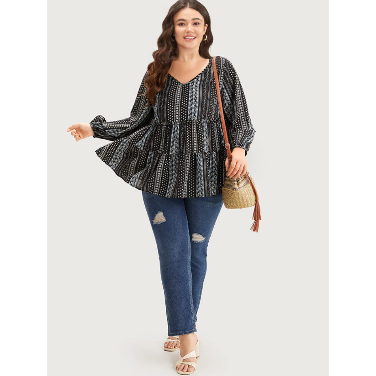 Plus Size BlackFlower Boho Print Frill Trim Ruffle Layered Hem Blouse Women Vacation Long Sleeve V-neck Vacation Blouses BloomChic 18-20/2X Product Image