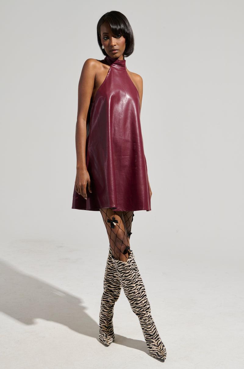 TAKE IT EASY PU MINI DRESS IN BURGUNDY Product Image