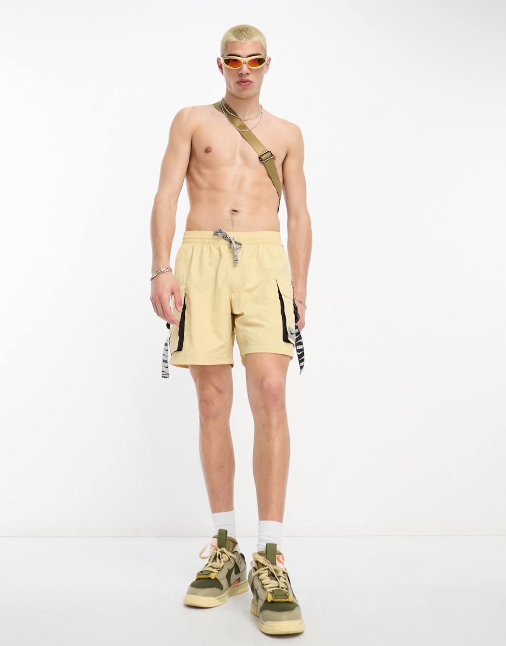 Nike Swimming Icon Volley 7 inch taped cargo swim shorts in stone Product Image