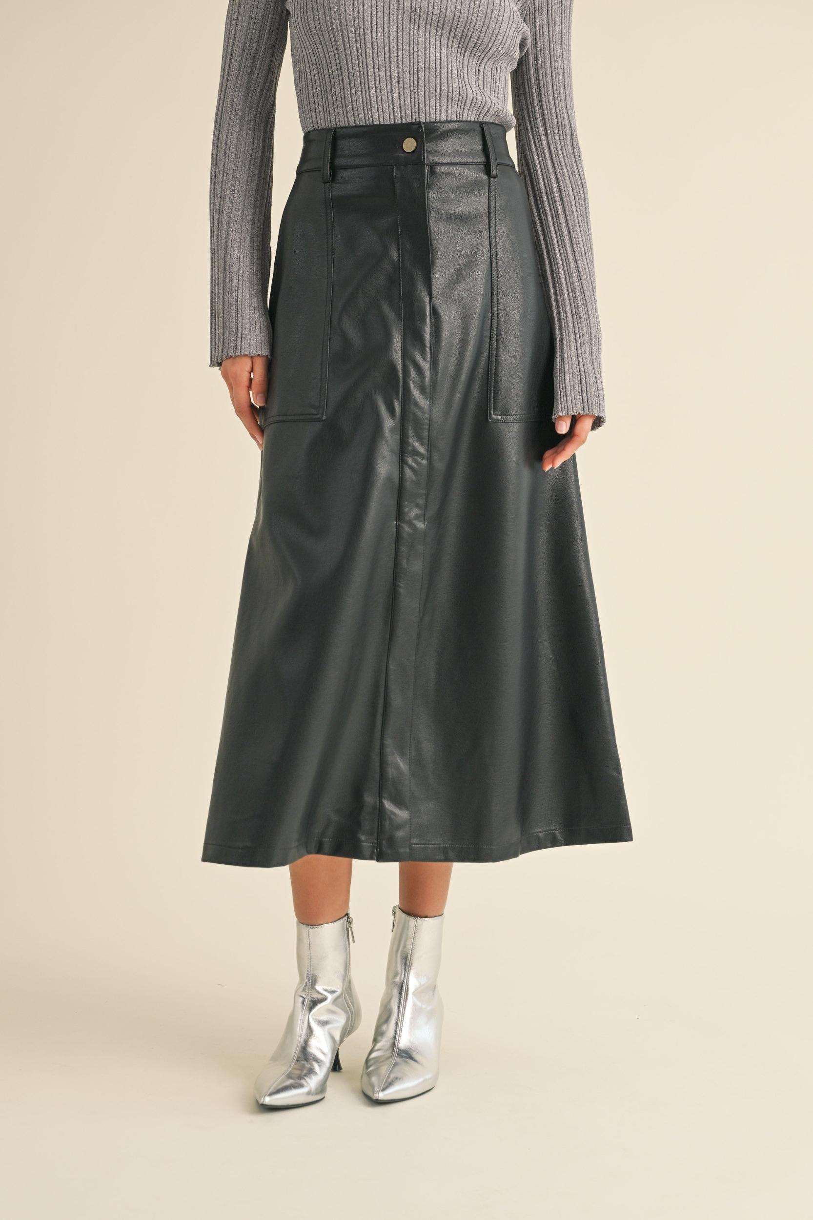 Front Slit A line Maxi Pleather Skirt Product Image