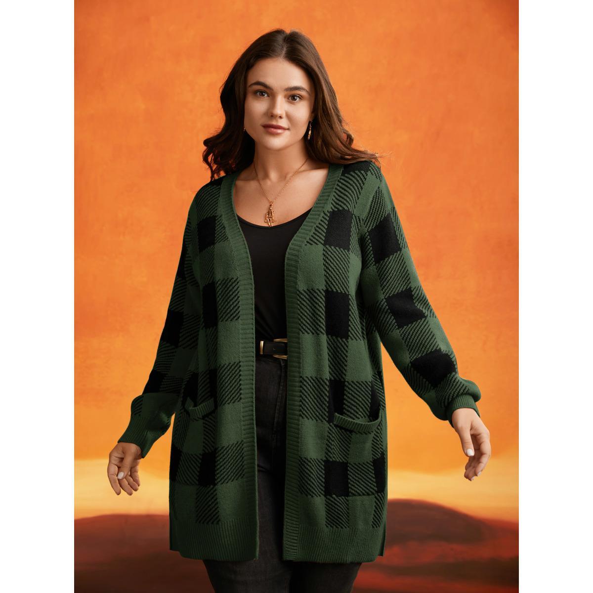 Plus Size Supersoft Essentials Plaid Open Cardigan ArmyGreen Women Casual Loose Long Sleeve Everyday Cardigans BloomChic 18-20/2X Product Image