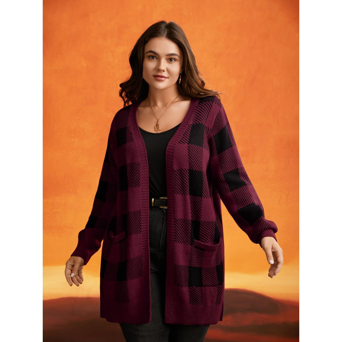 Plus Size Supersoft Essentials Plaid Open Cardigan Burgundy Women Casual Loose Long Sleeve Everyday Cardigans BloomChic 14-16/1X Product Image
