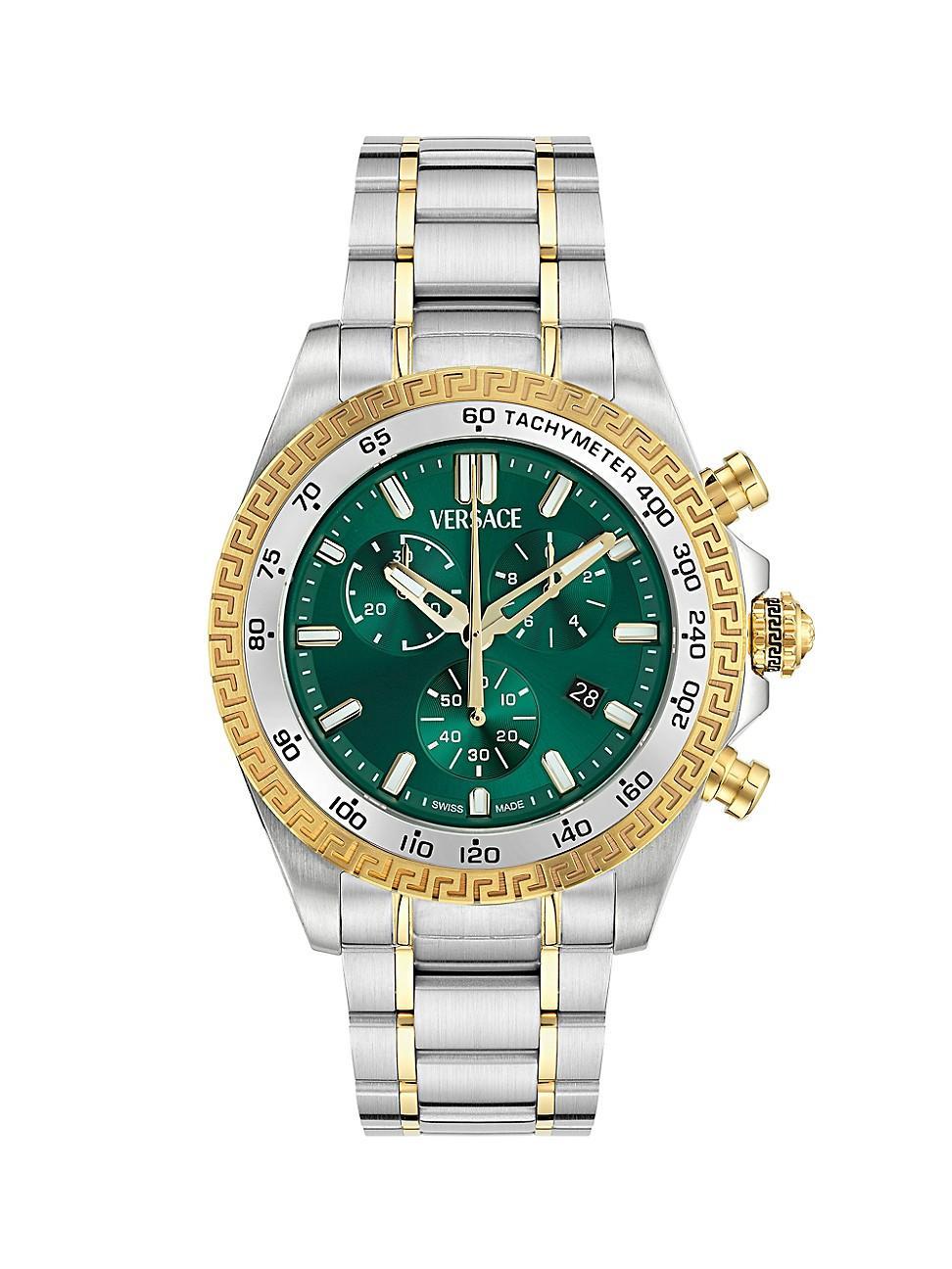 Versace Mens Chrono X Two Tone Stainless Steel Bracelet Green Dial Watch Product Image