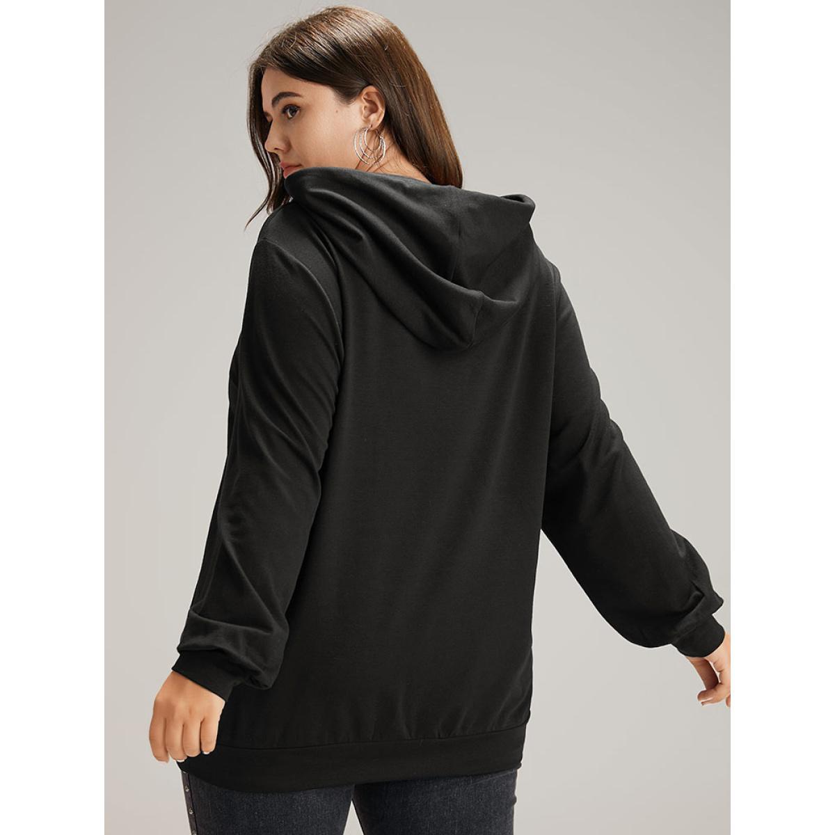 Plus Size Floral Print Pocket Hooded Drawstring Sweatshirt Women Black Casual Elastic cuffs Dailywear Sweatshirts BloomChic 10/M Product Image