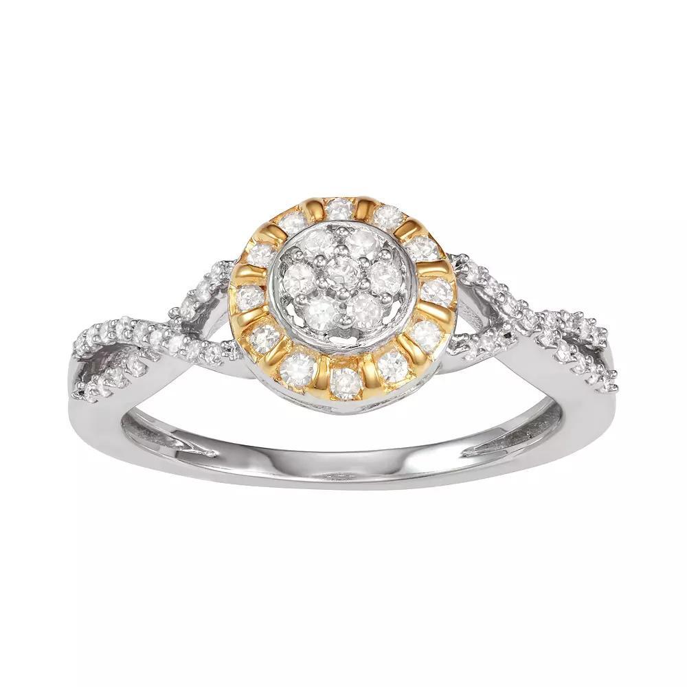Two Tone Sterling Silver 1/3 Carat T.W. Diamond Halo Ring, Women's, Size: 7, Gold Tone Product Image