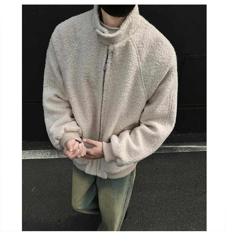 Stand Collar Plain Wool Zip Up Jacket Product Image