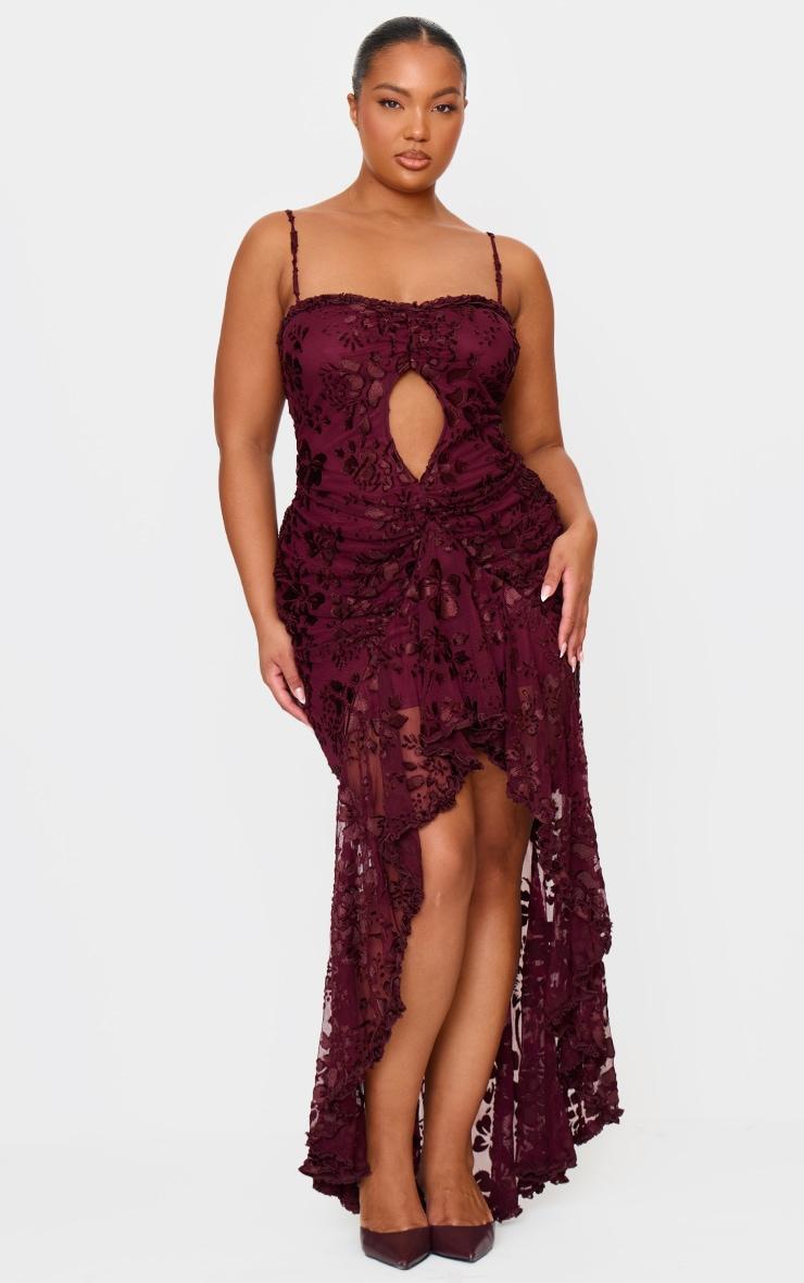 Plus Cherry Red Devore Cut Out Frill Detail Dress Product Image