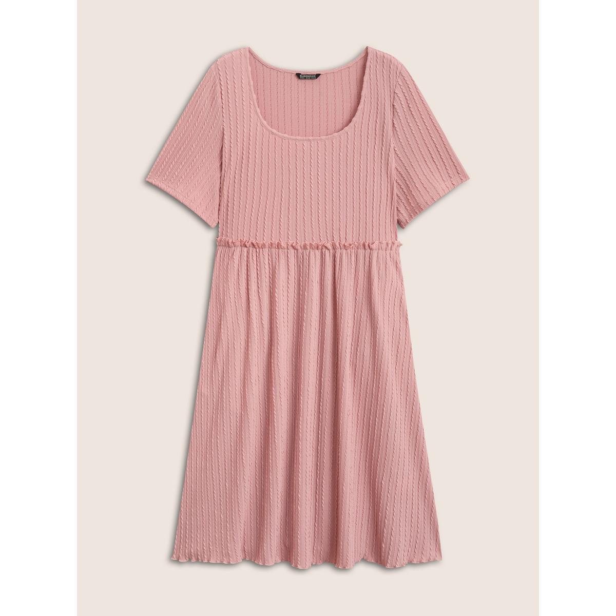 Plus Size Plain Textured Frill Trim Pocket Dress Pink Women Casual Frill Trim Round Neck Short sleeve Curvy BloomChic 12/L Product Image