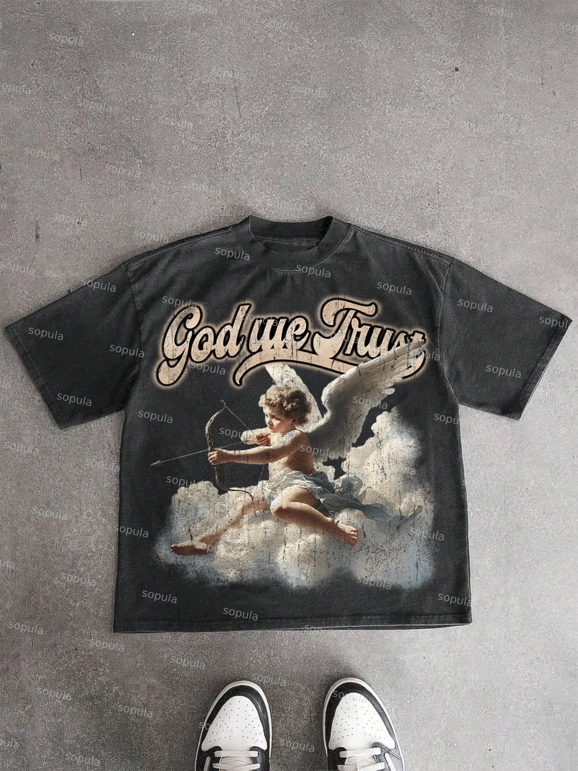 God We Trust Cupid Angel Aged Vintage Graphic Washed T-shirt Product Image