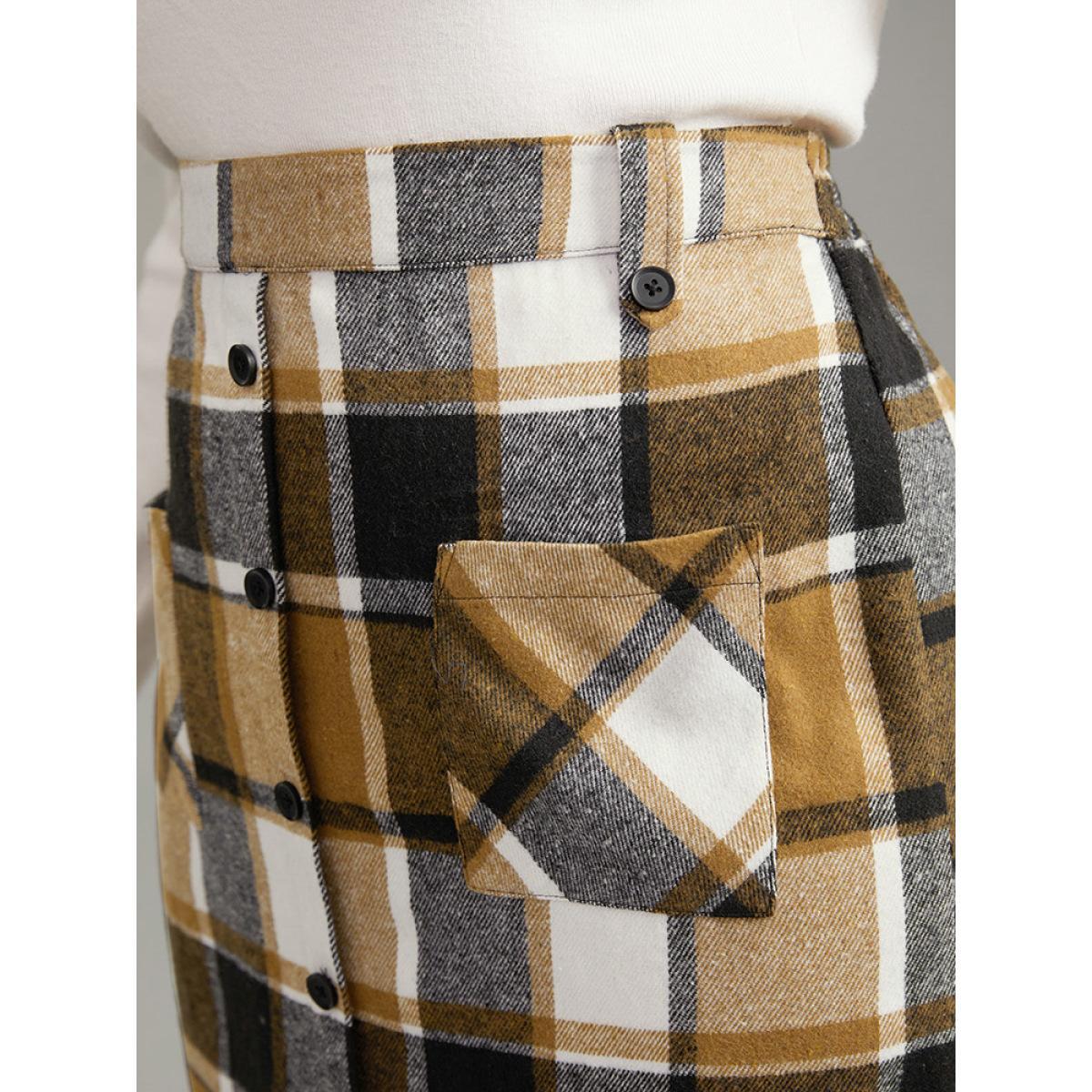 Plus Size Plaid Button Detail Patched Pocket Skirt Women Tan Office Elastic Waist Bodycon No stretch Pocket Work Skirts BloomChic 14-16/1X Product Image