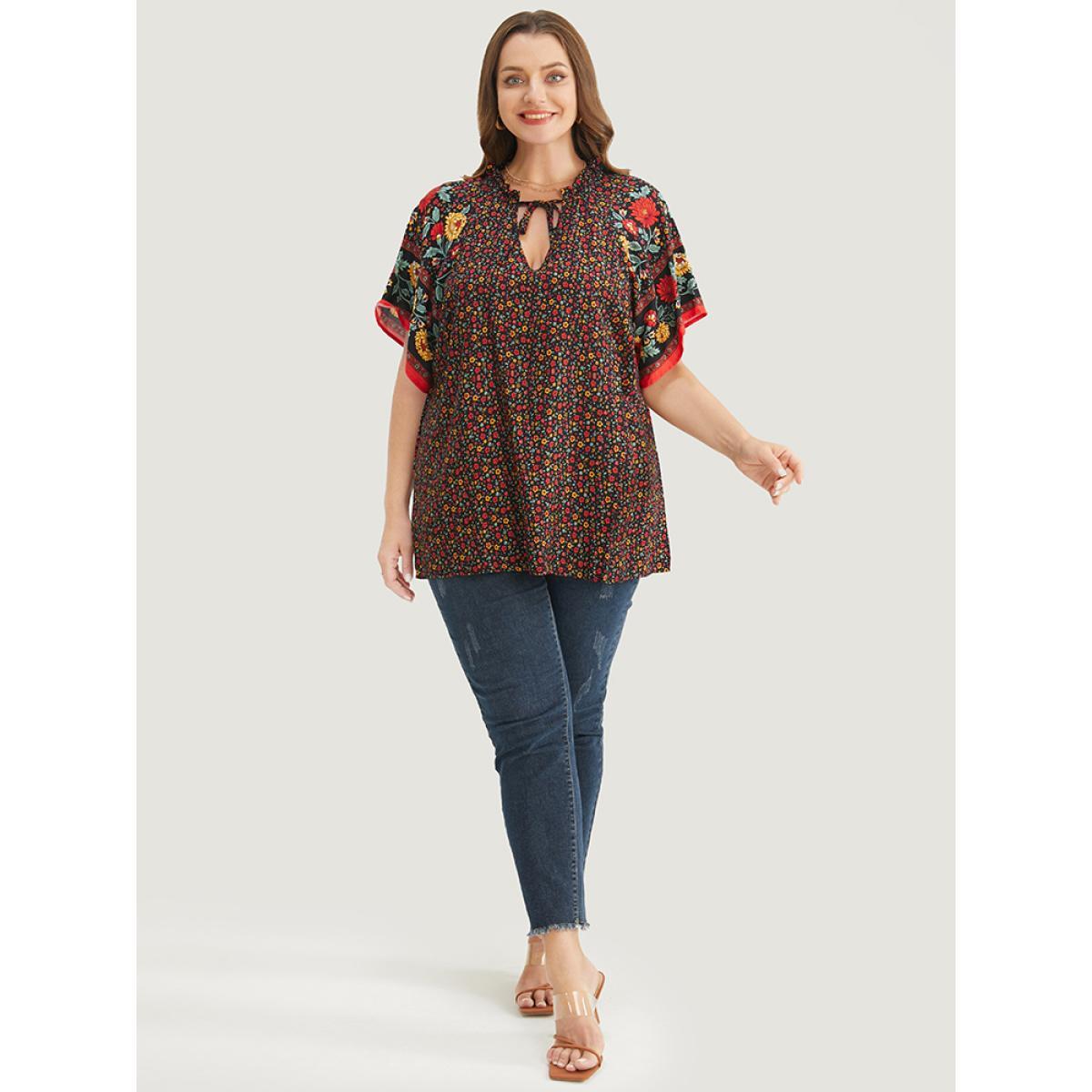Plus Size Black Ditsy Floral Tie Neck Ruffles Raglan Sleeve Blouse Women Vacation Short sleeve V-neck Dailywear Blouses BloomChic 18-20/2X Product Image