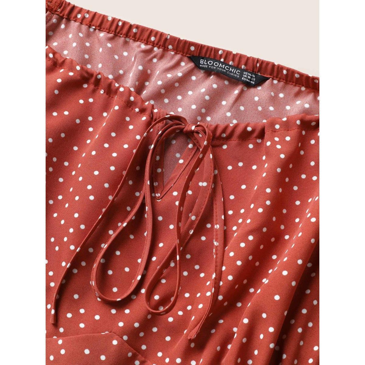 Plus Size Polka Dot Ties Lantern Sleeve Gathered Dress Rust Women Elegant Non Square Neck Short sleeve Curvy Midi Dress BloomChic 22-24/3X Product Image
