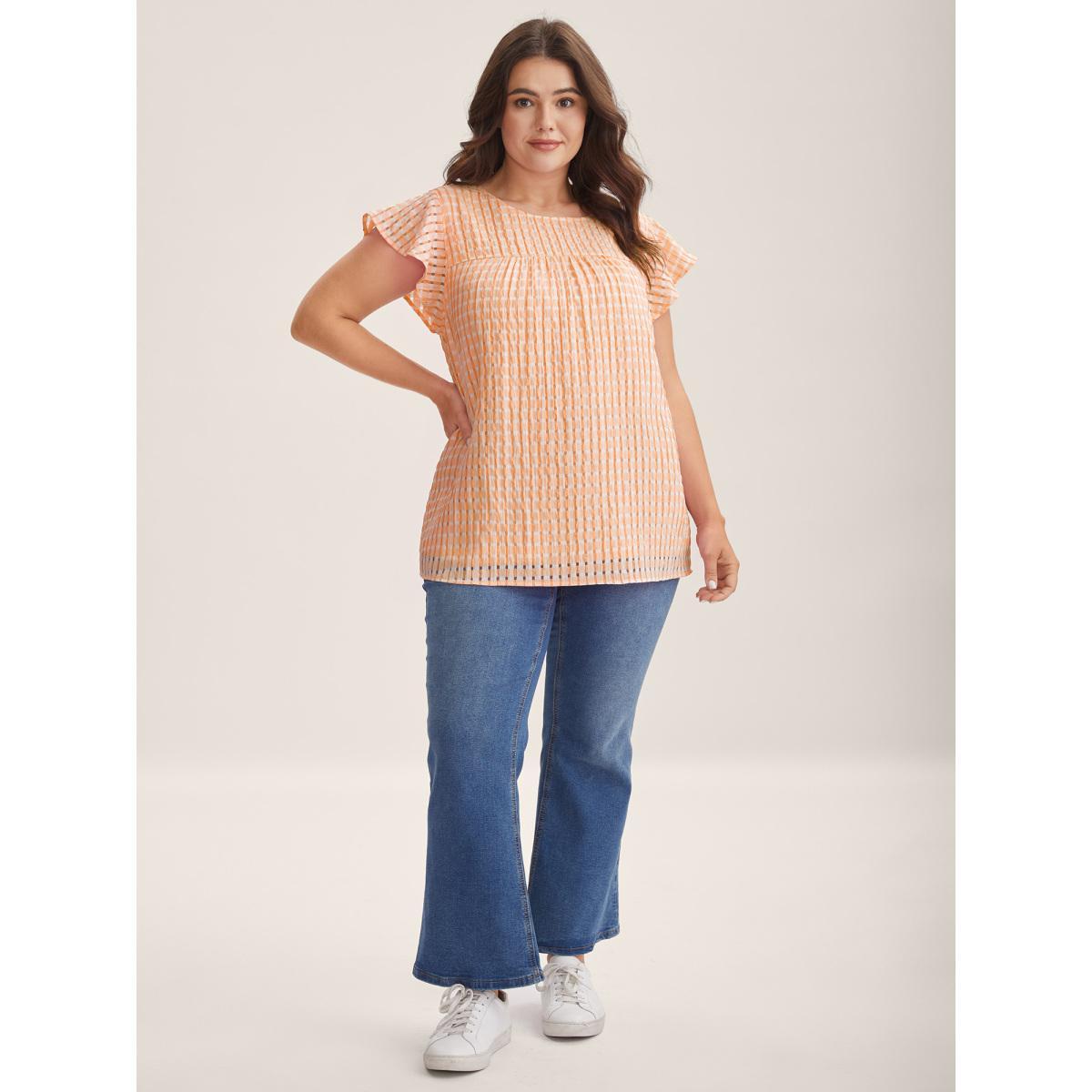 Plus Size Coral Textured Sheer Lined Flutter Sleeve Blouse Women Cap Sleeve Round Neck Everyday-Casual Blouses BloomChic 18-20/2X Product Image