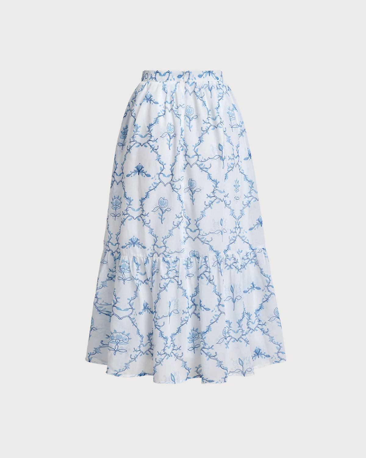 White Floral Tiered Midi Skirt Product Image