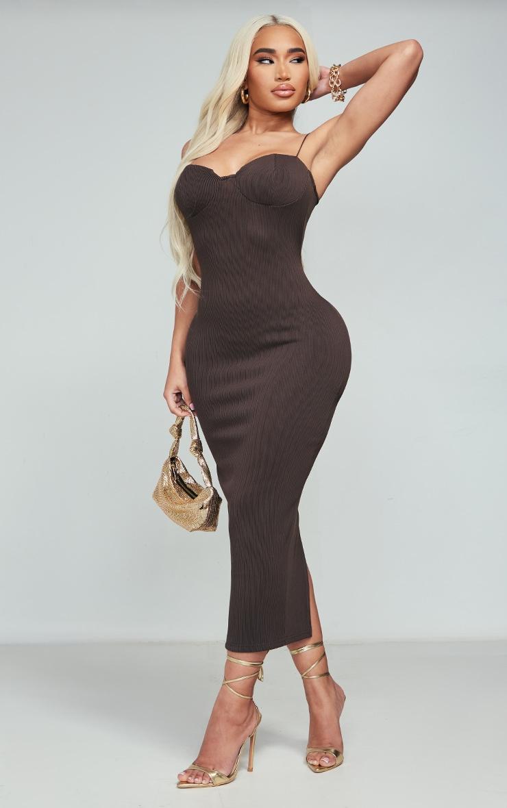 Shape Chocolate Brown Plisse Strappy Cup Detail Midaxi Dress Product Image
