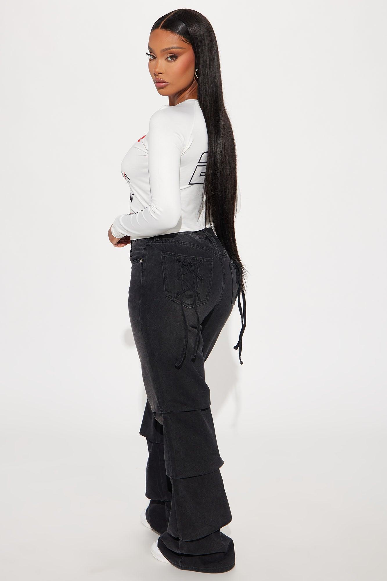 Gabriette Stacked Lace Up Flare Jeans - Black Wash Product Image