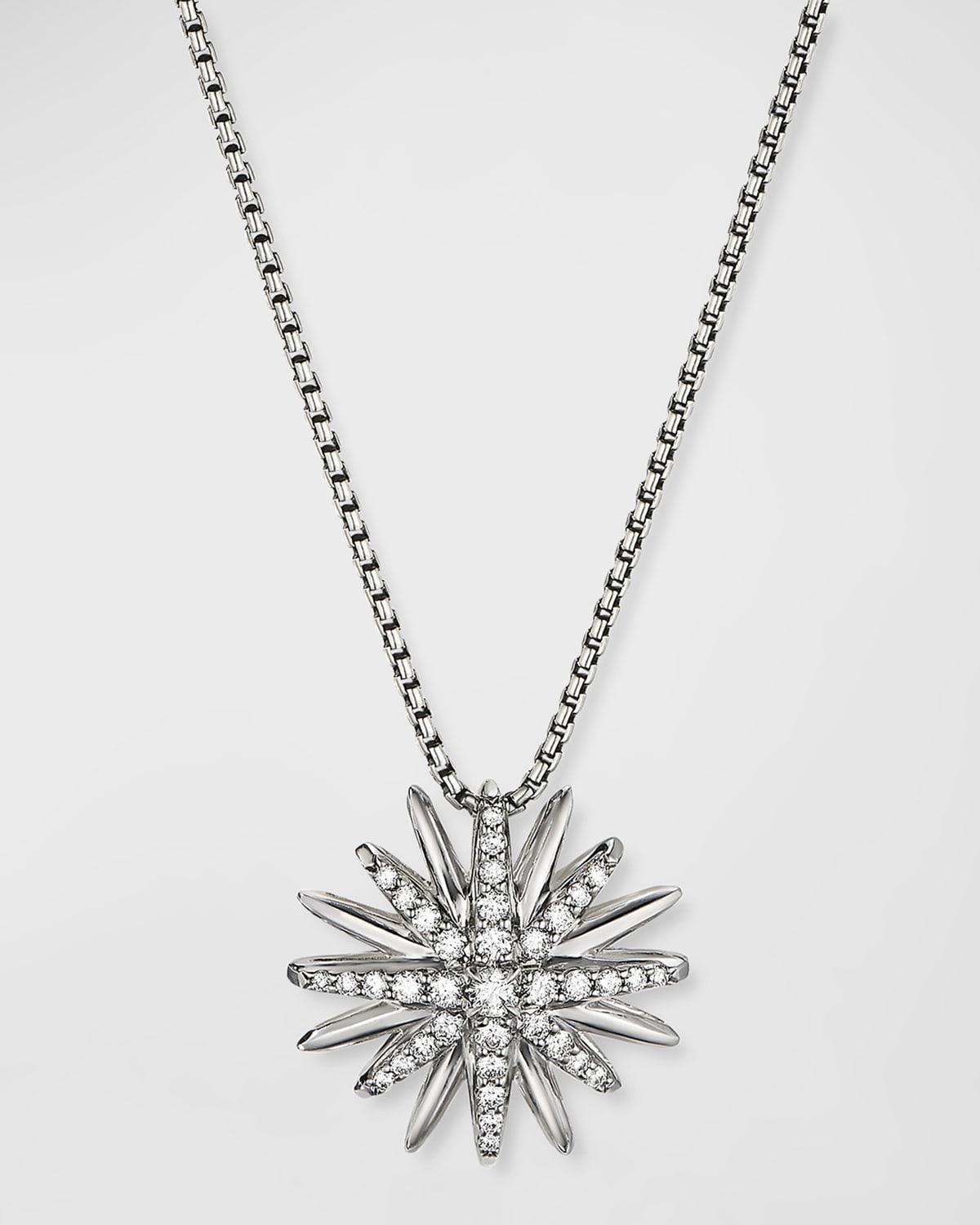 Womens Starburst Pendant Necklace in Sterling Silver with Diamonds, 19mm Product Image
