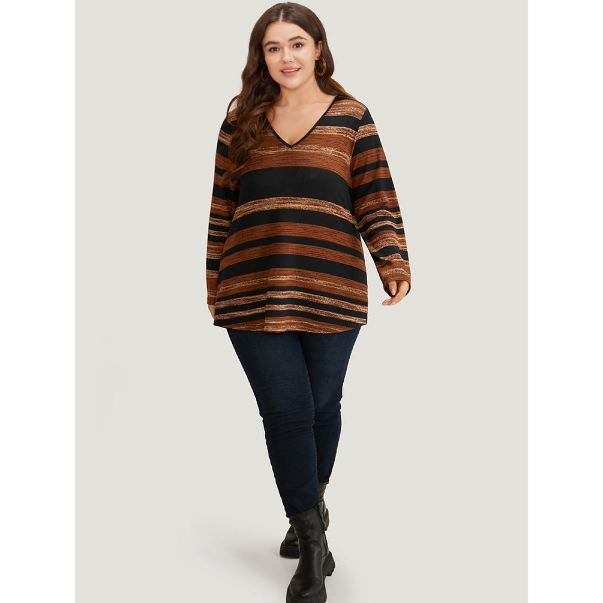 Plus Size Striped Contrast V Neck T-shirt Multicolor Women Casual Printed Striped V-neck Dailywear T-shirts BloomChic 12/L Product Image
