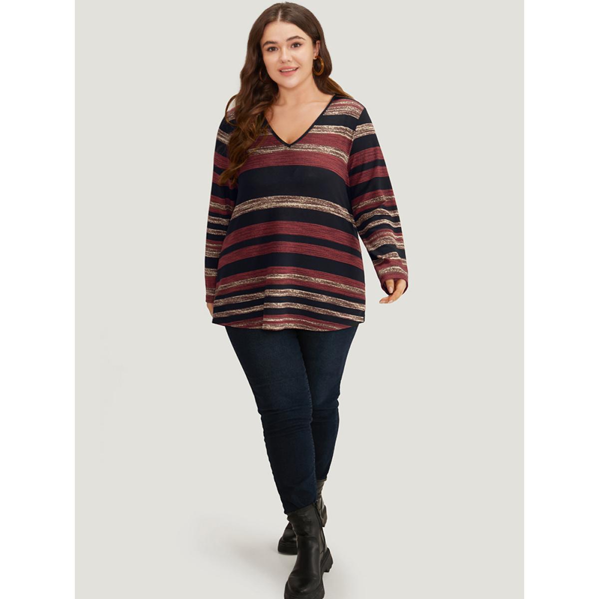 Plus Size Striped Contrast V Neck T-shirt Burgundy Women Casual Printed Striped V-neck Dailywear T-shirts BloomChic 12/L Product Image