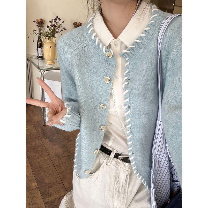 Round Neck Melange Contrast Stitching Cardigan Product Image