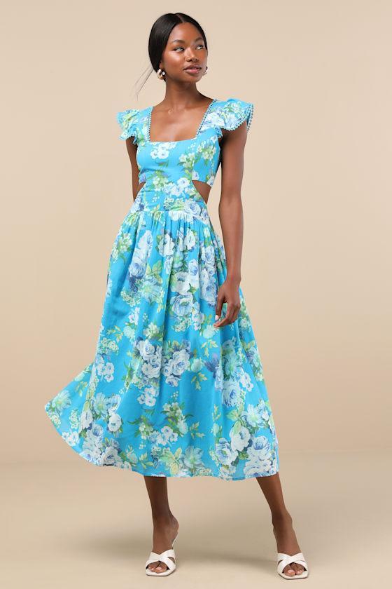 Prielle Bright Blue Floral Cutout Midi Dress Product Image
